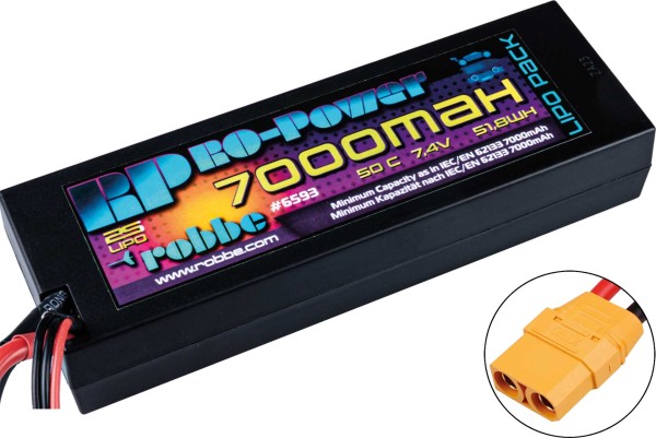 Ro-Power Car LiPo Battery 7000 mAh 7.4 V 50C Hardcase with XT-90 and T-connector adapter