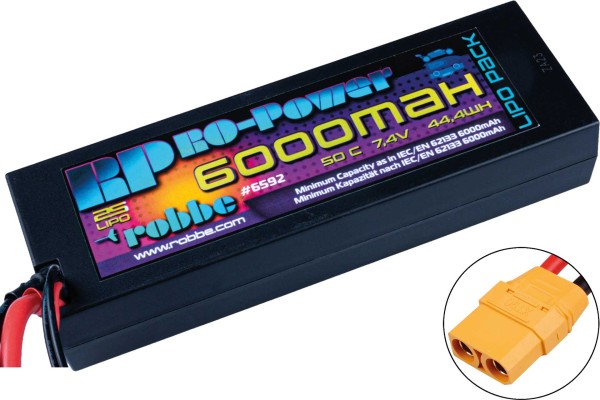 Ro-Power Car LiPo Battery 6000 mAh 7.4 V 50C Hardcase with XT-90 and T-connector adapter